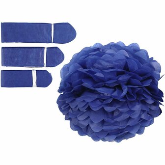 Pompon van papier, donkerblauw, d 20+24+30 cm, 16 gr, 3 stuk/ 1 doos