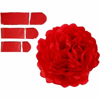 Pompon van papier, rood, d 20+24+30 cm, 16 gr, 3 stuk/ 1 doos