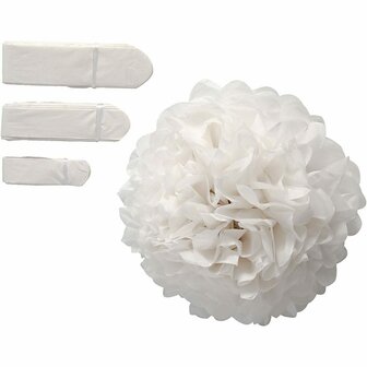 Pompon van papier, wit, d 20+24+30 cm, 16 gr, 3 stuk/ 1 doos