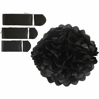 Pompon van papier, zwart, d 20+24+30 cm, 16 gr, 3 stuk/ 1 doos