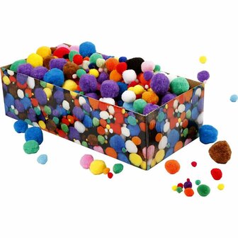 Pompons, diverse kleuren, d 5-40 mm, 200 gr/ 1 doos