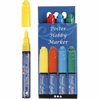 Poster Hobby Marker, blauw, groen, rood, geel, lijndikte 3 mm, 4 stuk/ 1 doos