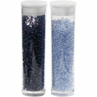 Rocailles, lichtblauw, donkerblauw, d 1,7 mm, afm 15/0 , gatgrootte 0,5-0,8 mm, 2x7 gr/ 1 doos