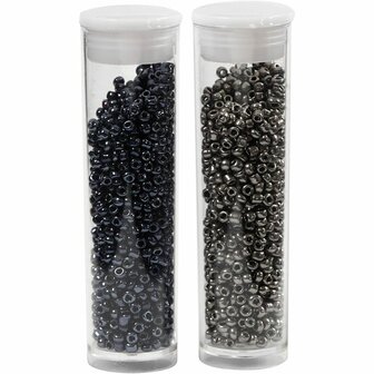 Rocailles, zwart, donker metallic grijs, d 1,7 mm, afm 15/0 , gatgrootte 0,5-0,8 mm, 2x7 gr/ 1 doos