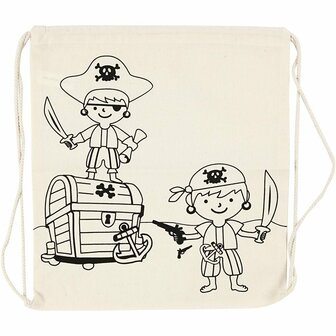 Katoenen Rugzak - DIY Piraten Kleurplaat Tas - Personaliseer Met Textielstiften - Handige Trekkoordsluiting - Licht Naturel - 37x41 cm - 110 gr - 1 Stuk