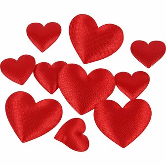 Satijnen Harten - Rood Stoffen Decoratie - Luxe Glanzende Harten Voor Knutselen &amp; DIY - Creatief Sierlijk Hartvormig Stof - Perfect Voor Scrapbooking &amp; Kaarten Maken - 10+20 mm - 70 Stuks