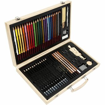 Tekenset &amp; Schetsset - Complete Tekenkit Voor Beginners &amp; Professionals - Inclusief Kleurpotloden, Grafiet, Houtskool &amp; Accessoires - Luxe Houten Opbergdoos - Diverse Kleuren - 1 Stuk