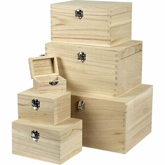 Houten Opbergdozen Set - 6 Stuks - Vierkante Bewaardozen Met Deksel &amp; Metalen Sluiting - Perfect Voor Opslag, DIY, Organiseren, Knutselmaterialen &amp; Decoratieve Styling