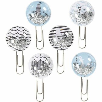 Paperclips blauw - Marine shakers paperclips - Glitter paperclips - Schudpaperclips - Creatieve paperclips - Unieke paperclips - 25 mm diameter - 6 stuks