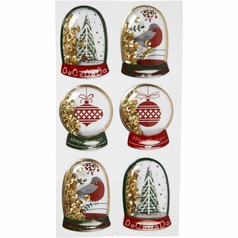 Shaker Stickers - Goudkleurige Scrapbook Stickers - Kerststickers Voor DIY Decoratie - Vogels, Bomen en Kerstballen - Formaat 49x32+45x36 mm - Set van 6 Stuks