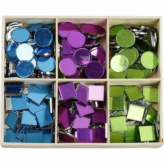 Spiegel Moza&iuml;ek Tegels - Mix Van Ronde &amp; Vierkante Spiegeltjes - DIY Decoratieve Moza&iuml;ekstukjes - Geschikt Voor Kunst, Hobby &amp; Knutselprojecten - Blauw, Groen, Paars - 15 mm - 300 Stuks
