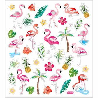 Stickers Flamingo - Zelfklevende Stickers - Transparante Folie - Met Glitter &amp; Zilverfolie Details - Voor Kaarten, Knutselen &amp; Scrapbooking - 15x16,5 cm - 1 Set