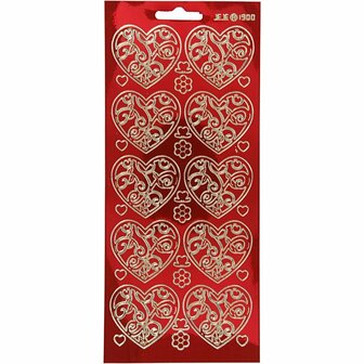 Stickers - goud - transparant rood - harten - 10x23 cm