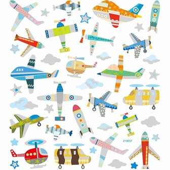 Stickers - Vliegtuigen - Helikopters - Vliegen - Wolkjes - Raket - Sterren - Kleurrijk - Creotime - 1 Vel - Ruim 30 Stickers