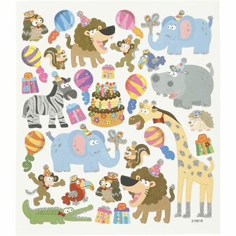 Dierenfeest Stickers - Kleurrijke Zelfklevende-Stickers - Dieren-Thema - Feest &amp; Ballonnen - Kaarten Maken - Scrapbooking - DIY Decoratie - 15x16,5 cm - 1 Stickervel