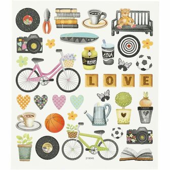 Stickers Vrije Tijd - Stickervel Met Fiets, Bloemetjes &amp; Koffie - Zelfklevende Stickers Voor Scrapbooking, Bullet Journal &amp; Kaarten - 15x16,5 cm - 1 Vel