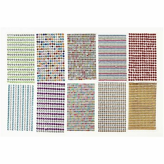 Stick-on strasstenen, diverse kleuren, d 4-6 mm, 16x9,5 cm, 10 vel/ 1 doos