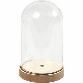 Stolp op Houten Voet - Glasstolp Met Houten Basis - Decoratieve Stolp Voor Display - Stolp Voor Presentaties En Tafeldecoratie - Glazen Stolp Met Houten Voet - Vitrine Stolp Hoogte 18 cm, Diameter 11