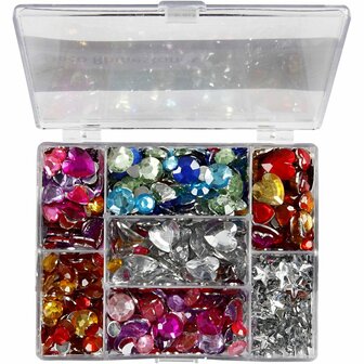 Strasstenen in display box, blauw, roze, zilver, rond, sterren, harten, d 6+7+9+10+11+12+14+16 mm, 300 stuk/ 1 doos