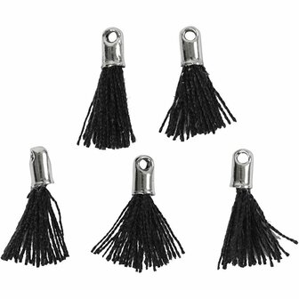 Tassel, zwart, L: 10 mm, gatgrootte 1 mm, 5 stuk