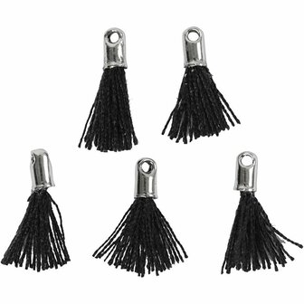 Tassel, zwart, L: 10 mm, gatgrootte 1 mm, 5 stuk/ 1 doos