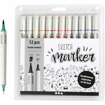 Tekenstiften, standaardkleuren, lijndikte 1+2-5 mm, 12 stuk