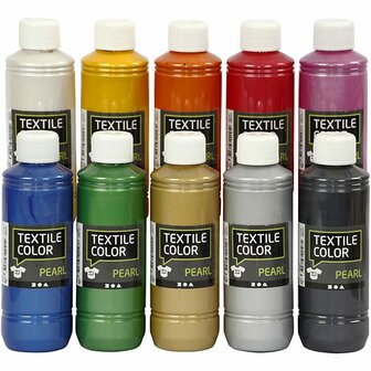 Textile Color Set 10x250 ml - Dekkende Waterbasis Parelmoer/Metallic Verf voor Textiel, Hout, en Papier