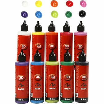 3D Liner - 3D Verf - 3D Paint - 3D Schilderen - Textuurschilderen - Reli&euml;f Schilderen - Diverse Kleuren - Karton, Stof, Metaal, Papier, Steen - 100ml - 10 stuks