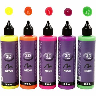 3D Liner - 3D Verf - 3D Paint - 3D Schilderen - Textuurschilderen - Reli&euml;f Schilderen - Neon Kleuren - Karton, Stof, Metaal, Papier, Steen - 100ml - 5 stuks