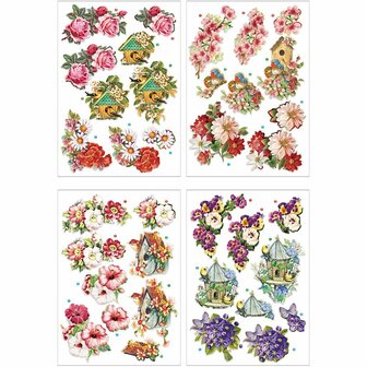 3D Vellen - Knipvellen - Bloemen en Vogels - Scrapbooking Vellen - Kaarten Maken Vellen - Creatieve Uitdrukvellen - DIY Papier Vellen - Set van 4 Vellen - Zijdemat Papier - Glitterlak