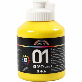 Acrylverf - Gele Verf - Acrylaatverf - Acrylic paint - Schoolverf - Knutselen en Verven - Sneldrogend - Primair Geel - Glossy - 500 ml