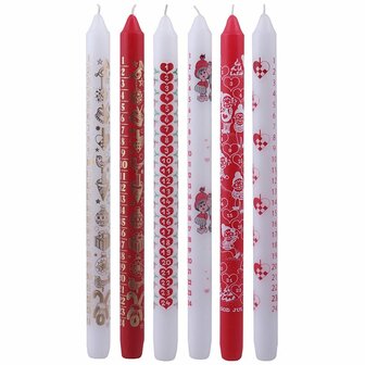 Adventkaarsen Set - Rood &amp; Wit - Kaarsen Met Cijfers &amp; Kerstmotieven - DIY Kaarsenset - Decoratieve Kaarsen - 22mm x 30cm - 24 Stuks - 12 Uur Brandduur