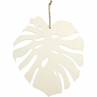 Blad - Monstera - Met Ophanglus - Home Decoratie - Hout - H: 35 cm, D: 3 mm, B: 34 cm - Creotime - 1 stuk