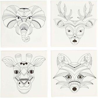 Canvas Met Print - DIY Creatief Canvas - Thema: Dieren - Formaat: 20x20 cm - Gewicht: 280 gr - Set van 4 Stuks - Schilderdoek - Hobby Schilderen - Muurdecoratie