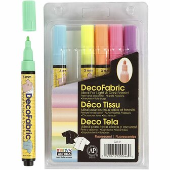 Deco textielstift, neon kleuren, lijndikte 3 mm, 6 stuk/ 1 doos