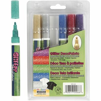 Deco Textielstiften - Glitterkleuren - Textielmarkers - Lijndikte 3mm - Glitter Hobby Stiften - DIY Kleding Stiften - Knutselmarkers - Glitter Textiel Decoratie - DIY Glittermarkers - 6 Stuks