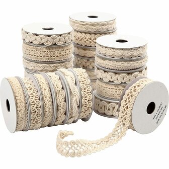 Decoratief Lint Cr&egrave;mekleur - 14 Designs - 56 Rollen van 0,9 m - 6-18 mm Breed