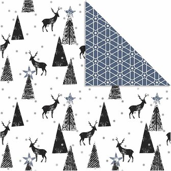 Scrapbook Papier - Design Papier - Creatief  Knutselpapier - Zwart - Zilver - Wit - Herten en Patronen - 30,5x30,5 cm - 180 grams - Vivi Gade - 3 vellen