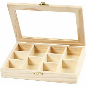 Houten Vakken Doos - Luxe Opbergdoos Met Glazen Deksel - Voor Sieraden, Theezakjes &amp; Accessoires - Organiseer In 10 Vakken - 15,5x20,5x3,5 cm, 1 Stuk