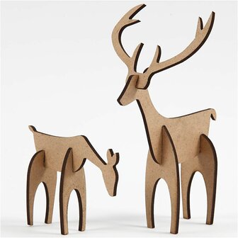 Edelhert en Hinde - Herten - Kerst - Home decoratie DIY - MDF - Bruin - 6,5x5cm +8x12,5cm - Creotime - 2 Stuks