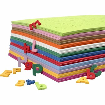 EVA Foam Cijfers &amp; Letters, diverse kleuren, H: 20 mm, dikte 3 mm, 24 div vellen/ 1 doos