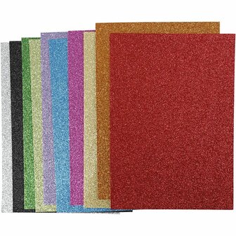 EVA Foam vellen, diverse kleuren, A4, 210x297 mm, dikte 2 mm, glitter, 10 div vellen/ 1 doos