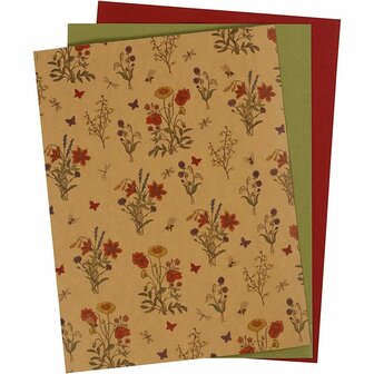 Faux Leather Papier, naturel, groen, rood, 21x27,5+21x28,5+21x29,5 cm, dikte 0,55 mm, unikleurig,bedrukt, 3 vel/ 1 doos