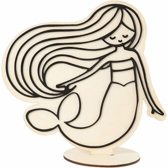 Houten Figuur Zeemeermin - DIY Decoratie - Geschikt voor Verf, Foam Clay, Silk Clay &amp; Creatieve Hobby&rsquo;s - Inclusief Houten Voet - 18 cm Hoog, 1 Stuk