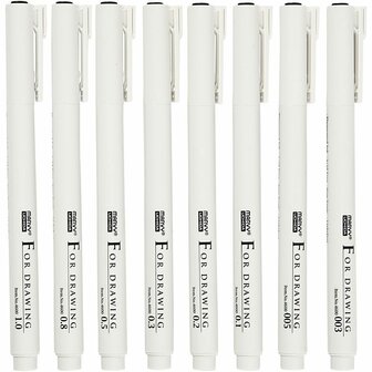 Fineliners, zwart, lijndikte 0,03+0,05+0,1+0,2+0,3+0,5+0,8+1,0 mm, 8 stuk/ 1 doos