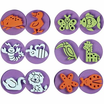 Foam Stempels 6 Stuks - Dubbelzijdige Stempels - Knutselen - 7,5 cm Diameter - 2,5 cm dik - Assorti Designs