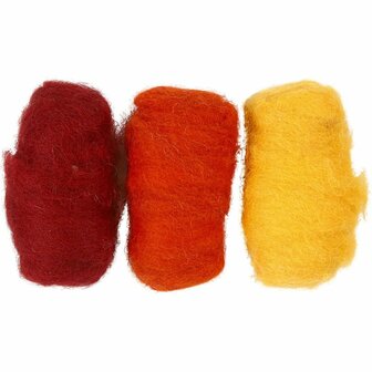 Gekaarde Wol - Geel &amp; Terracotta Harmonie - Biologisch Geproduceerde Wolvezels - Duurzaam &amp; Veelzijdig - DIY Handwerk, Breien, Viltwerk, Haken - 10g - 3 Bollen