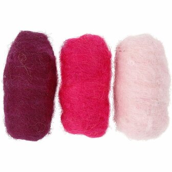 Gekaarde Wol - Paars/Roze Harmonie - 100% Zuivere Schapenwol - Hoogwaardige Kwaliteit voor Naaldvilten, Spinnen &amp; Natvilten - Ideaal voor DIY Handwerkprojecten &amp; Ambachtelijke Creaties - 3x10 gram