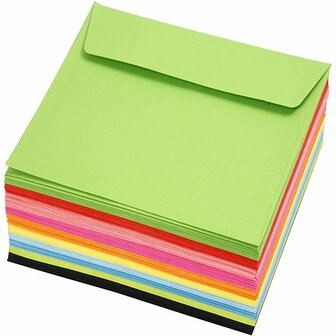 Gekleurde enveloppen, diverse kleuren, afmeting envelop 16x16 cm, 80 gr, 10x10 stuk/ 1 doos