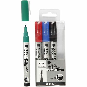Glas- &amp; Porseleinstiften, zwart, blauw, groen, rood, lijndikte 1-2 mm, semi-dekkend, 4 stuk/ 1 doos